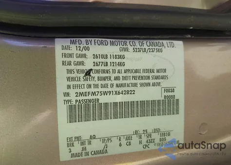 2001 Mercury Grand Marquis Ls из США, поврежденный, VIN 2MEFM75W91X642822